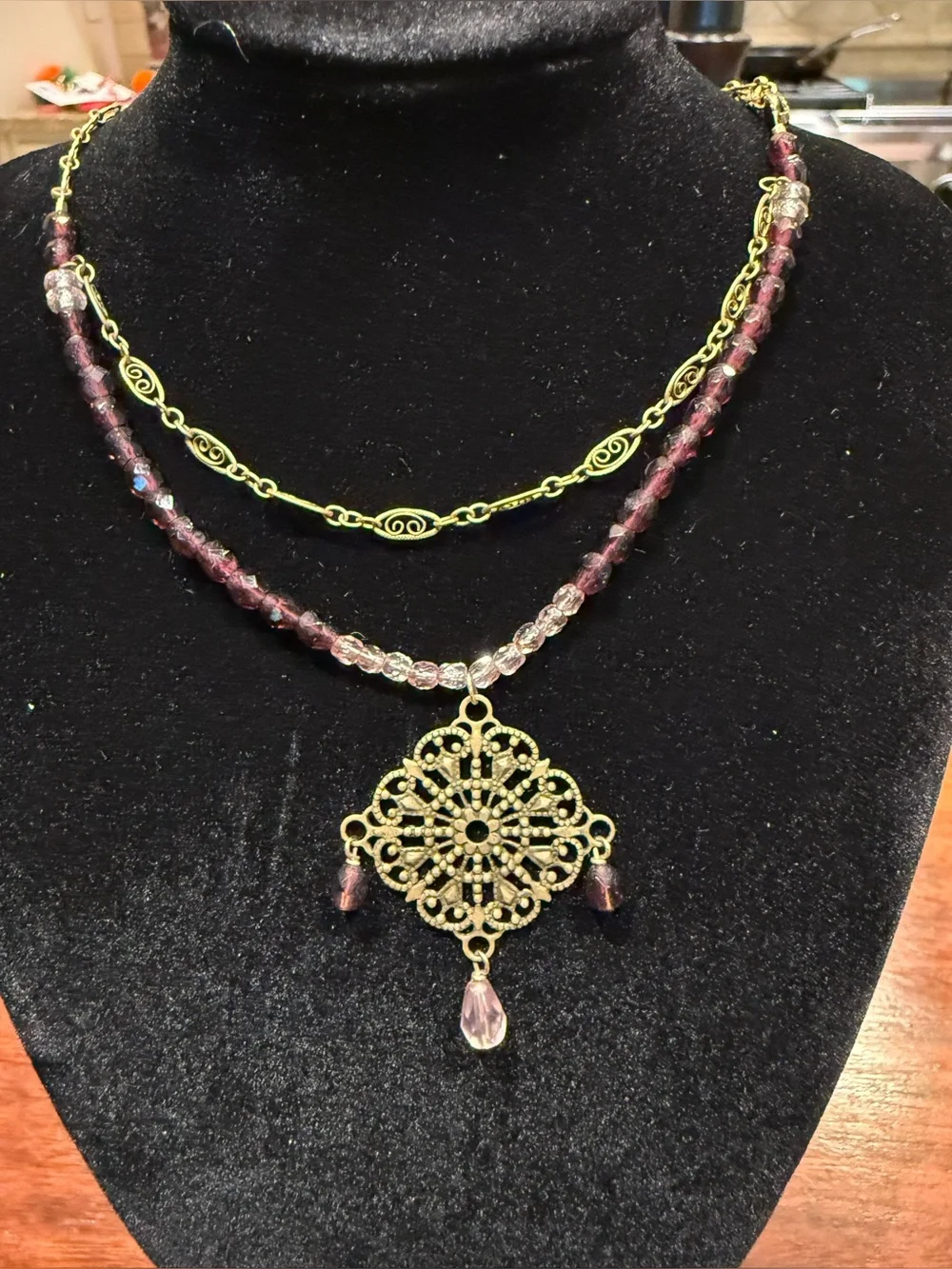 Vintage Style Filigree Pendant Amathyst Bead Necklace